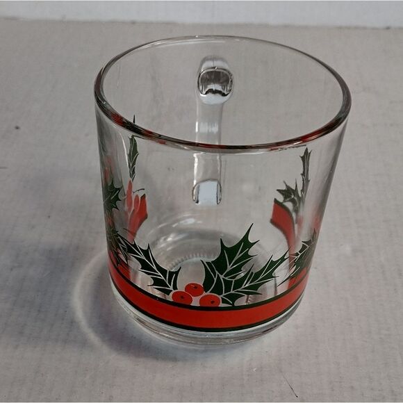 Vintage Set of 4 Libbey Christmas Decoration Holly‎ and Berries Clear Glass Mugs - Picture 3 of 6